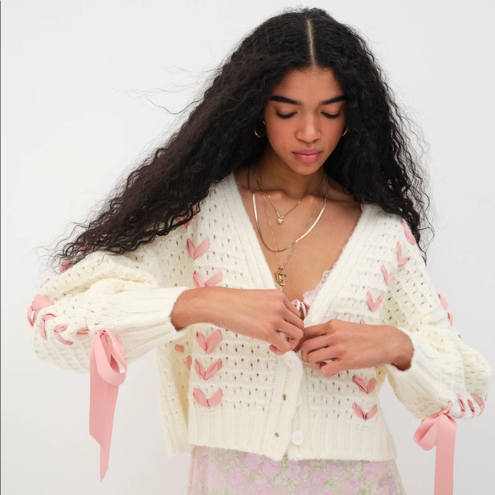 FOR LOVE & LEMONS LAUREL PINK BOW CARDIGAN SWEATER